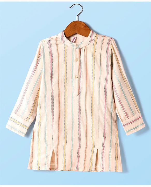 Babyhug Cotton Woven Full Sleeves Embroidered Kurta  - Cream Red & Green