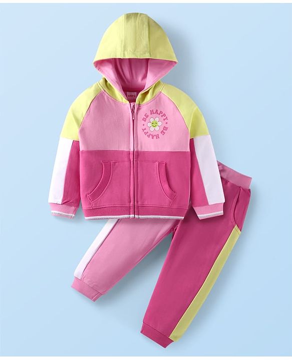 Babyhug Terry Knit Full Sleeves Hooded Sweatjacket & Joggers Set with Text Print & Kangaroo Pockets - Pink