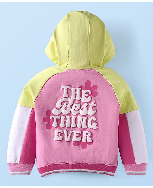 Babyhug Terry Knit Full Sleeves Hooded Sweatjacket & Joggers Set with Text Print & Kangaroo Pockets - Pink
