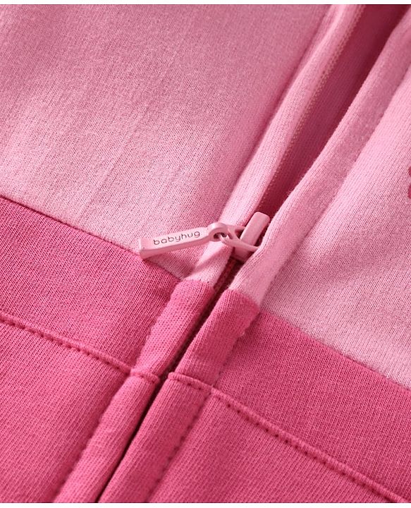 Babyhug Terry Knit Full Sleeves Hooded Sweatjacket & Joggers Set with Text Print & Kangaroo Pockets - Pink