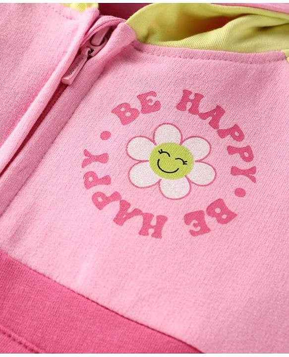 Babyhug Terry Knit Full Sleeves Hooded Sweatjacket & Joggers Set with Text Print & Kangaroo Pockets - Pink