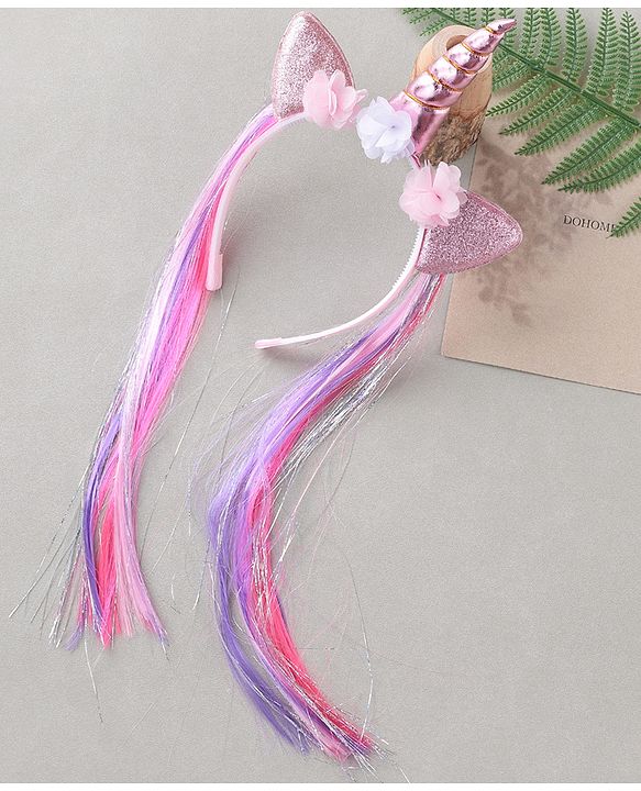 Babyhug Hair Band With Unicorn Applique & Hair Extensions - Pink