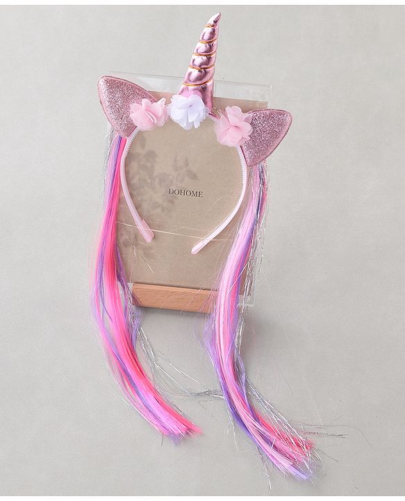 Babyhug Hair Band With Unicorn Applique & Hair Extensions - Pink