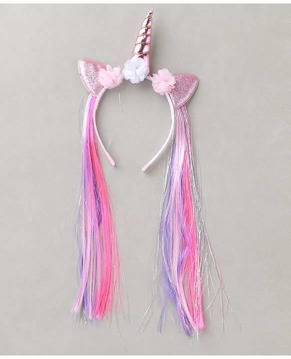 Babyhug Hair Band With Unicorn Applique & Hair Extensions - Pink