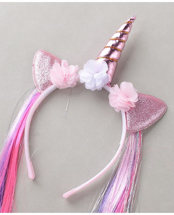 Babyhug Hair Band With Unicorn Applique & Hair Extensions - Pink