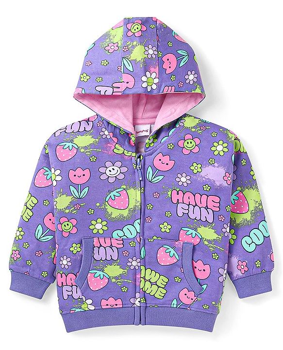 Babyhug Terry Knit Full Sleeves Hooded Sweat Jacket & Legging With Floral Print - Purple