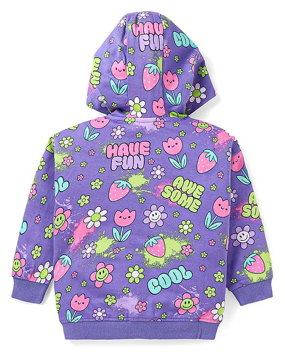 Babyhug Terry Knit Full Sleeves Hooded Sweat Jacket & Legging With Floral Print - Purple