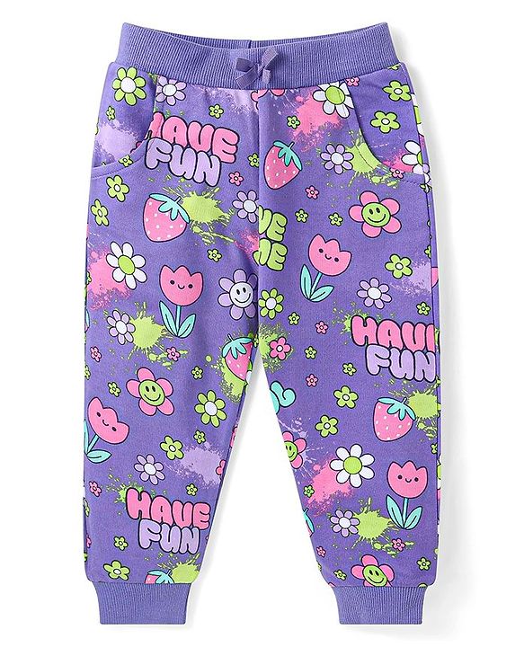 Babyhug Terry Knit Full Sleeves Hooded Sweat Jacket & Legging With Floral Print - Purple