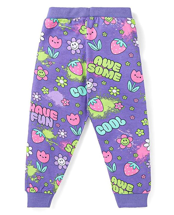 Babyhug Terry Knit Full Sleeves Hooded Sweat Jacket & Legging With Floral Print - Purple