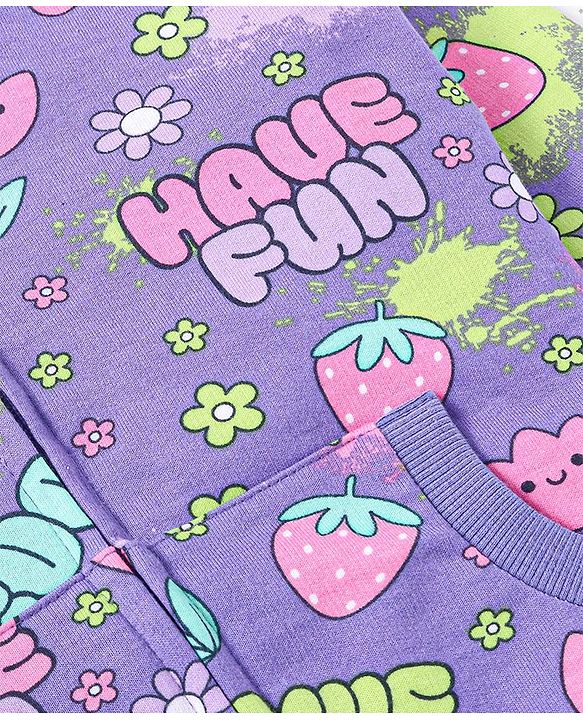 Babyhug Terry Knit Full Sleeves Hooded Sweat Jacket & Legging With Floral Print - Purple