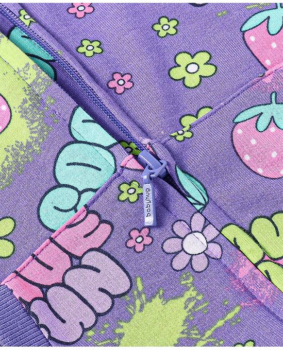 Babyhug Terry Knit Full Sleeves Hooded Sweat Jacket & Legging With Floral Print - Purple