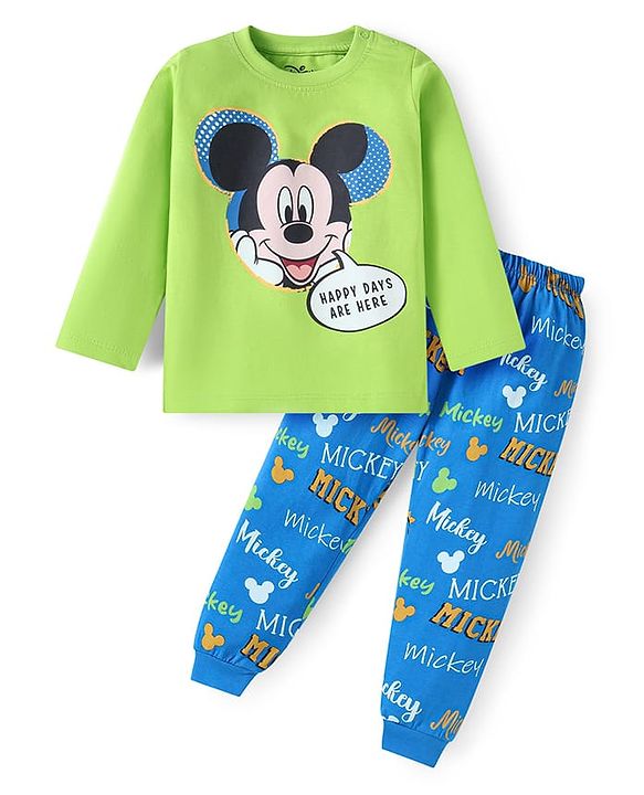 Babyhug Disney Single Jersey Knit Full Sleeves Night Suit With Mickey Mouse Graphics - Green & Blue