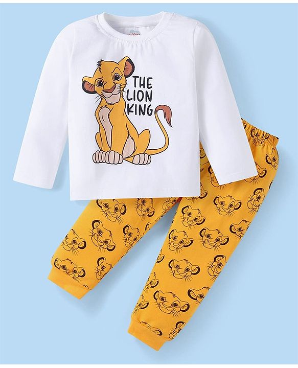 Babyhug Disney Single Jersey Knit Full Sleeves Night Suit with The Lion King Graphics - White & Yellow