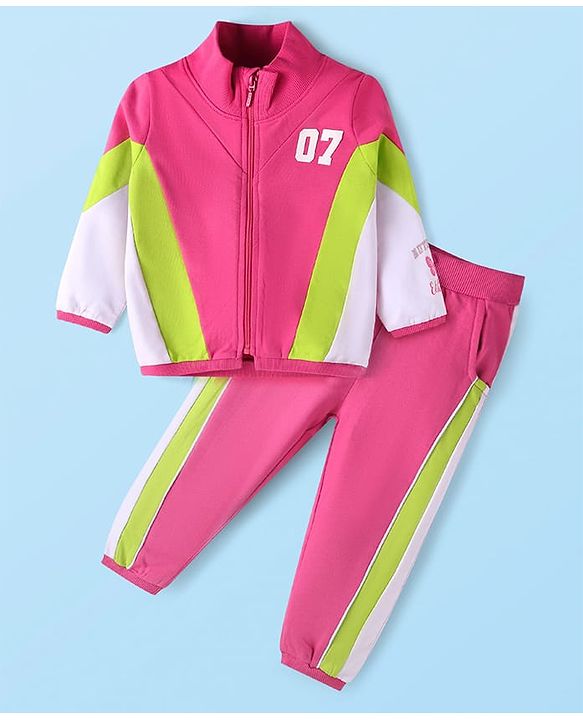 Babyhug Terry Knit Full Sleeves Sweatjacket & Lounge Pant Set With Cut & Sew Design - Dark Pink
