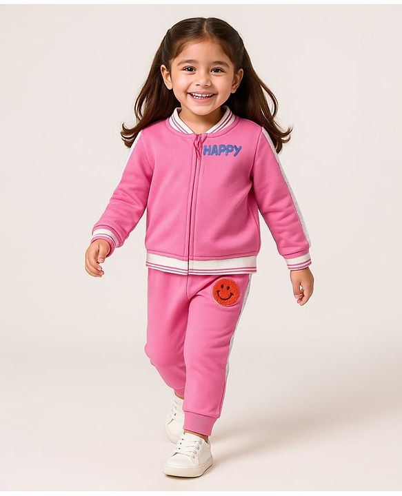 Babyhug Terry Knit Full Sleeves Text Print Zipper Jacket & Jogger Set - Pink