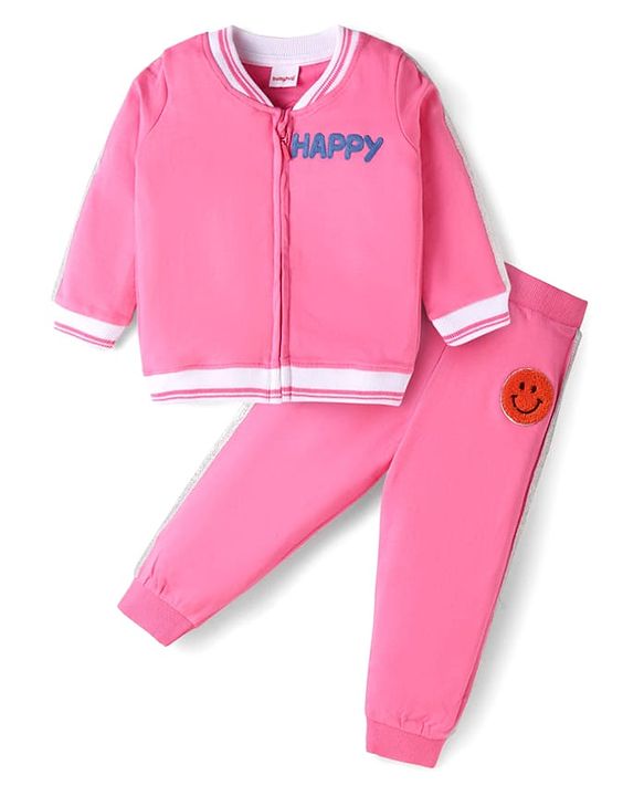 Babyhug Terry Knit Full Sleeves Text Print Zipper Jacket & Jogger Set - Pink