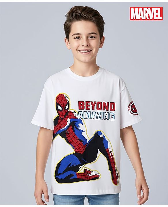 Pine Kids Marvel Single Jersey Knit Half Sleeves T-Shirt With Spiderman Graphics - White