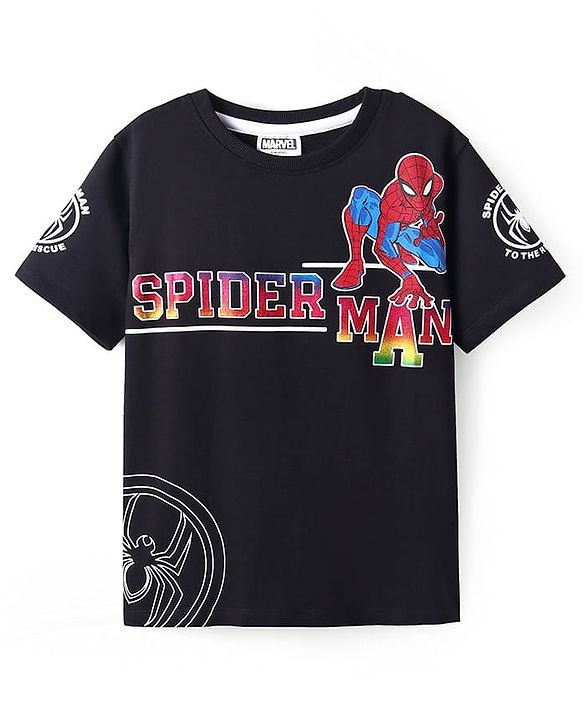 Pine Kids Marvel Single Jersey Knit Half Sleeves T-Shirt With Spiderman Graphics - Black