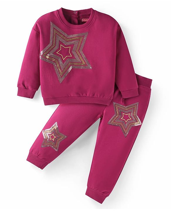 Babyhug Terry Knit Full Sleeves Sweatshirt & Joggers Set with Sequined Star Detailing - Maroon