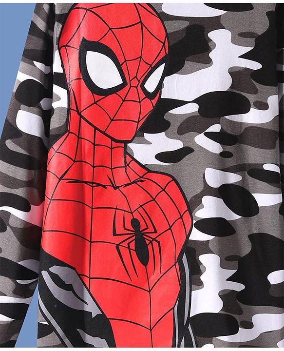 Pine Kids Marvel Single Jersey Knit Full Sleeves Polo T-Shirt with Camouflage Print Front & Back Spiderman Graphics - Grey Black & White