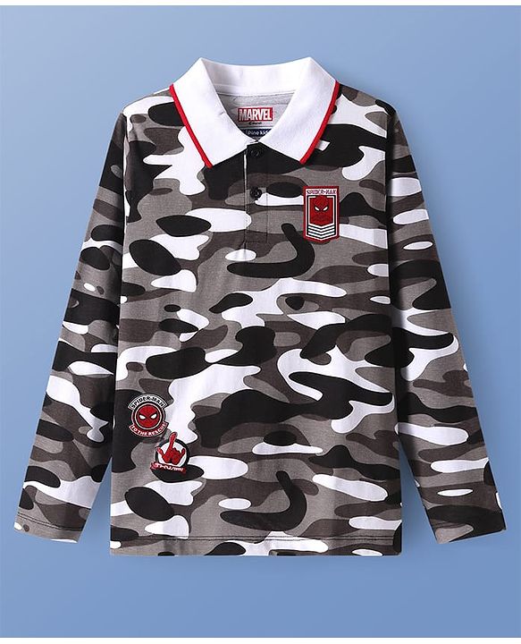 Pine Kids Marvel Single Jersey Knit Full Sleeves Polo T-Shirt with Camouflage Print Front & Back Spiderman Graphics - Grey Black & White