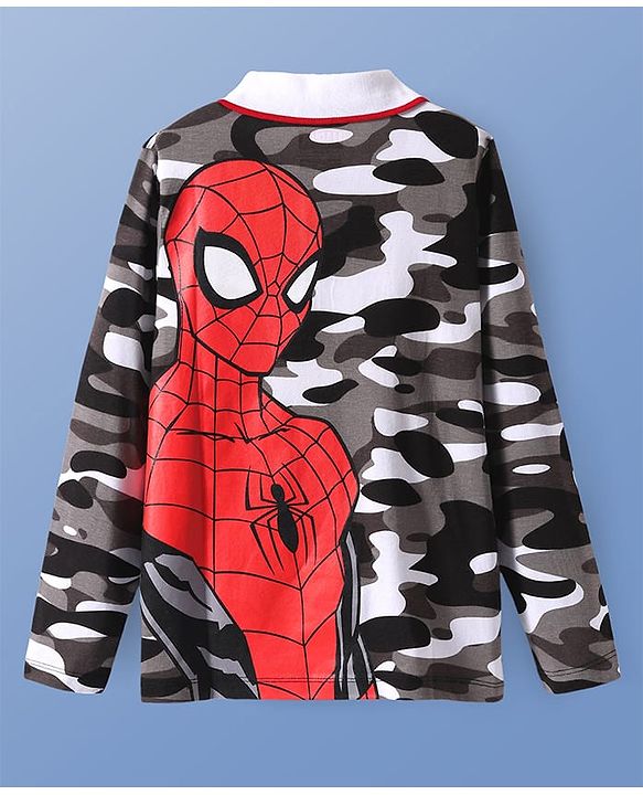 Pine Kids Marvel Single Jersey Knit Full Sleeves Polo T-Shirt with Camouflage Print Front & Back Spiderman Graphics - Grey Black & White
