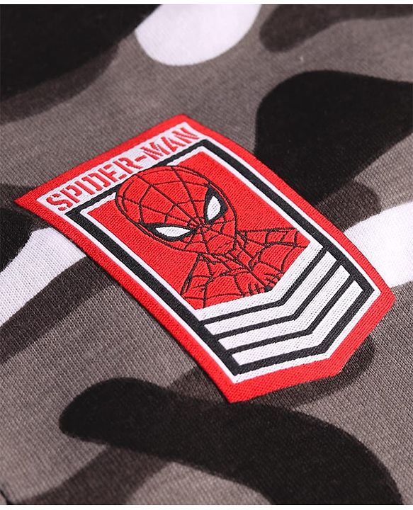 Pine Kids Marvel Single Jersey Knit Full Sleeves Polo T-Shirt with Camouflage Print Front & Back Spiderman Graphics - Grey Black & White