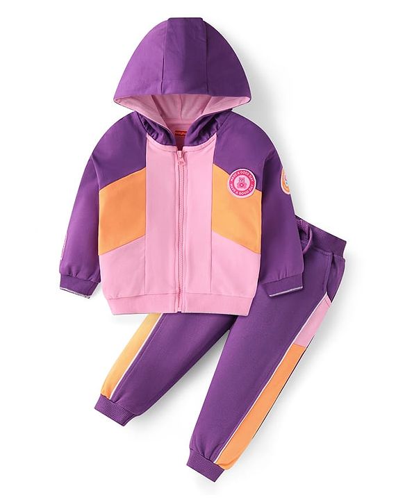 Babyhug Terry Knit Full Sleeveless Cut & Sew Hooded Sweatjacket & Joggers Set with Text Patch - Purple