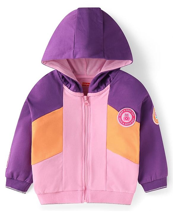 Babyhug Terry Knit Full Sleeveless Cut & Sew Hooded Sweatjacket & Joggers Set with Text Patch - Purple