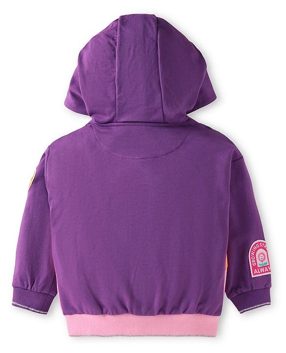 Babyhug Terry Knit Full Sleeveless Cut & Sew Hooded Sweatjacket & Joggers Set with Text Patch - Purple