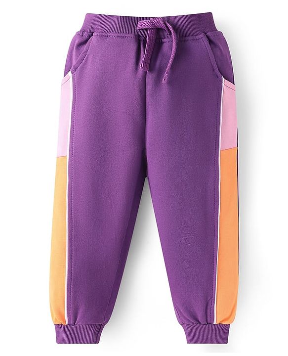 Babyhug Terry Knit Full Sleeveless Cut & Sew Hooded Sweatjacket & Joggers Set with Text Patch - Purple