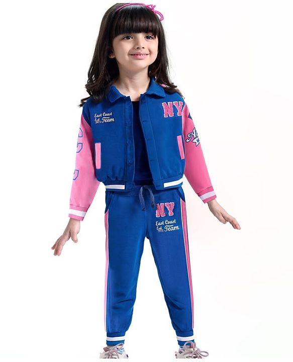 Babyhug Terry Knit Full Sleeves Bomber Jacket & Lounge Pant Set With Text Print - Blue & Pink