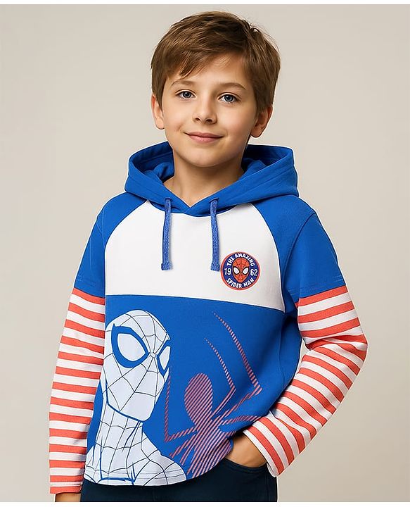 Pine Kids Marvel Knit Cut & Sew Design Full Doctor Sleeves Light Weight Hoodie Sweatshirt With Spiderman Graphics - Blue White & Red