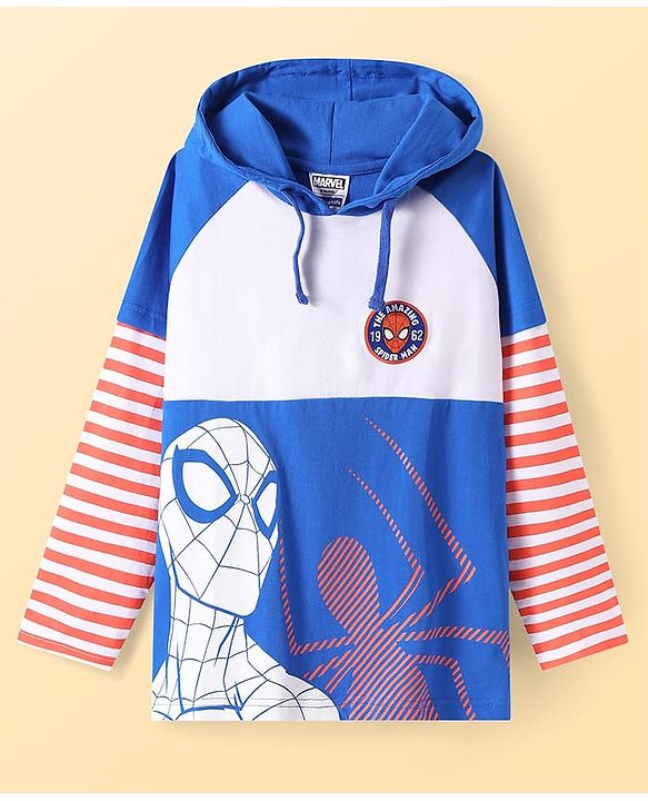Pine Kids Marvel Knit Cut & Sew Design Full Doctor Sleeves Light Weight Hoodie Sweatshirt With Spiderman Graphics - Blue White & Red