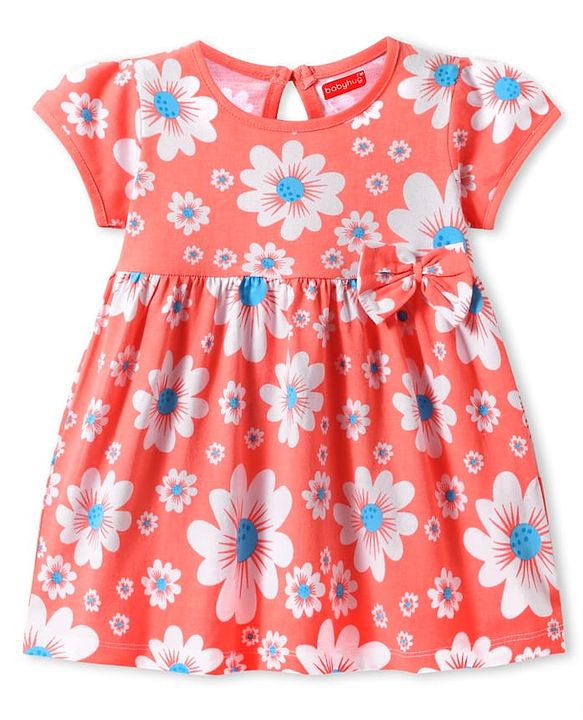 Babyhug Cotton Knit Half Sleeves Frock With Floral Print & Bow Applique - Coral