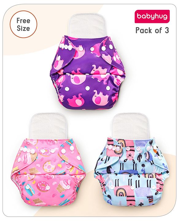 Babyhug Reusable Cloth Diaper With Insert Elephants Icecream & Deer Prints Pack  of 3 - Purple Blue Pink