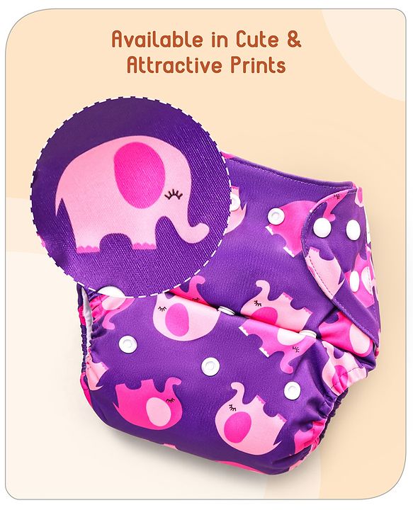 Babyhug Reusable Cloth Diaper With Insert Elephants Icecream & Deer Prints Pack  of 3 - Purple Blue Pink