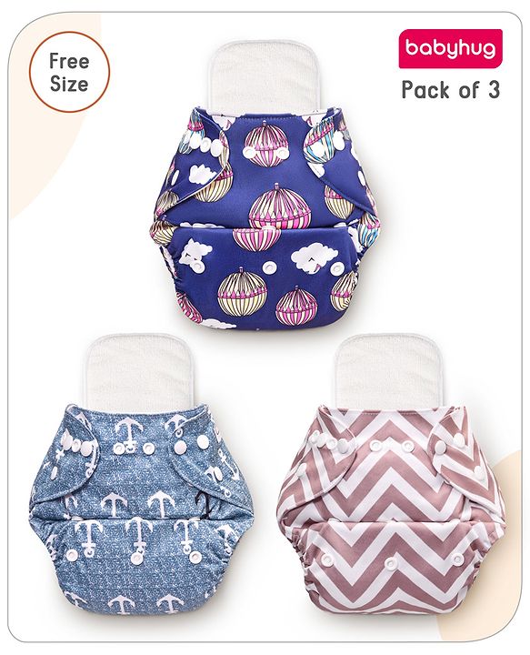 Babyhug Reusable Cloth Diaper With Insert Elephants Icecream & Deer Prints Pack  of 3 - Purple Blue Pink