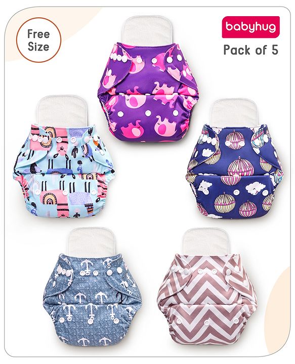 Babyhug Reusable Cloth Diaper With Insert Elephants Icecream & Deer Prints Pack  of 3 - Purple Blue Pink