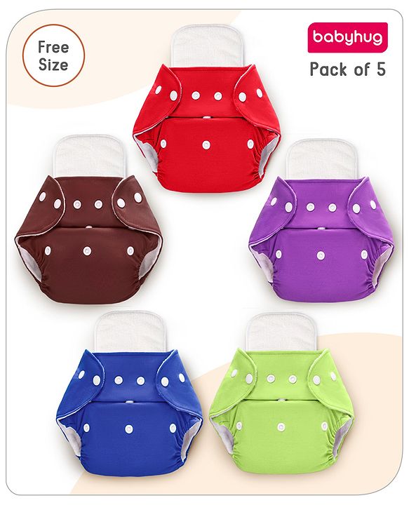 Babyhug  Free Size Reusable Cloth Diaper with Inserts Pack of 5 - Multicolour