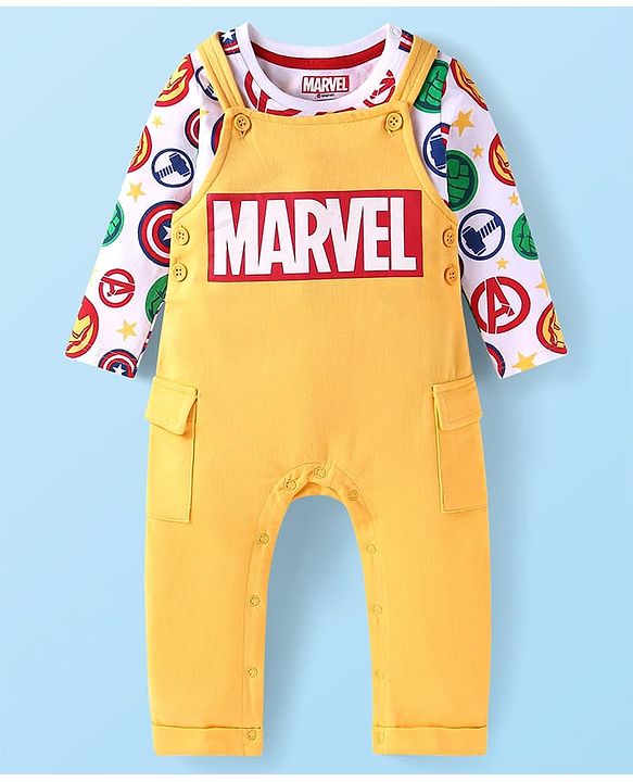 Babyhug Marvel  Single Jersey Knit Full Sleeves T-shirt With Dungaree Avengers Graphic - Yellow