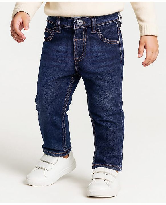 Babyhug Full Length Washed Jeans with Stretch - Navy Blue