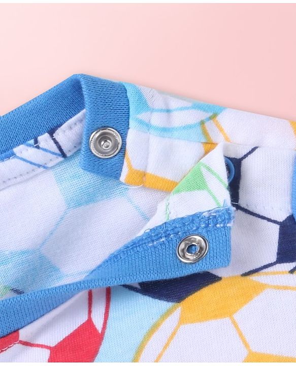 Babyhug Cotton Knit Full Sleeves Night Suit With Footballs Print - White