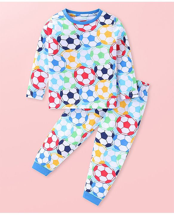 Babyhug Cotton Knit Full Sleeves Night Suit With Footballs Print - White