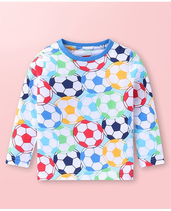 Babyhug Cotton Knit Full Sleeves Night Suit With Footballs Print - White