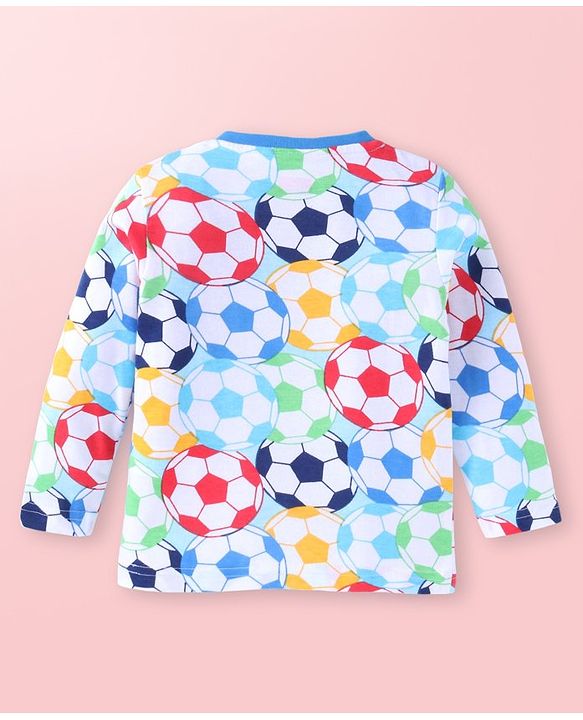 Babyhug Cotton Knit Full Sleeves Night Suit With Footballs Print - White