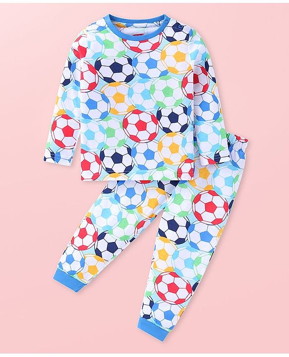 Babyhug Cotton Knit Full Sleeves Night Suit With Footballs Print - White