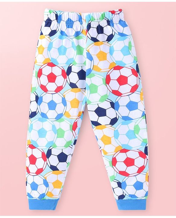 Babyhug Cotton Knit Full Sleeves Night Suit With Footballs Print - White