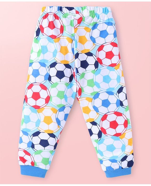 Babyhug Cotton Knit Full Sleeves Night Suit With Footballs Print - White