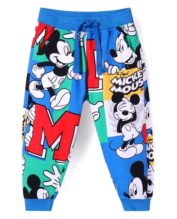 Babyhug Disney Cotton Terry Knit Full Length Lounge Pants With Mickey Mouse Graphics - Blue